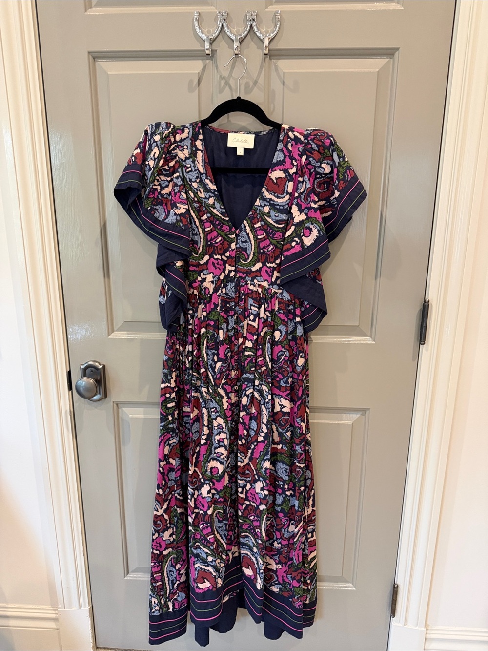 Cleobella Navy Paisley Maxi Dress with Pink & Green Accents